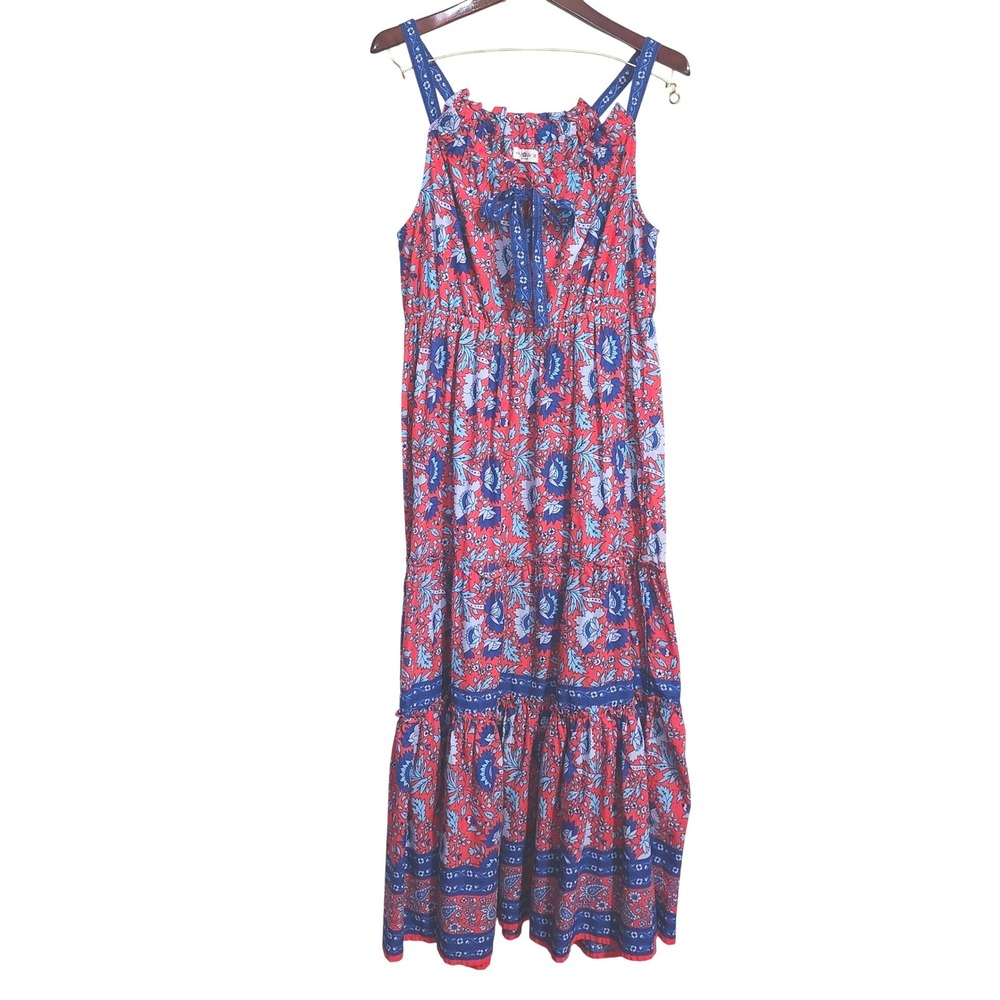 Natural Life Isabella Maxi Dress Womens Medium Red Blue Floral Tiered Boho Beach